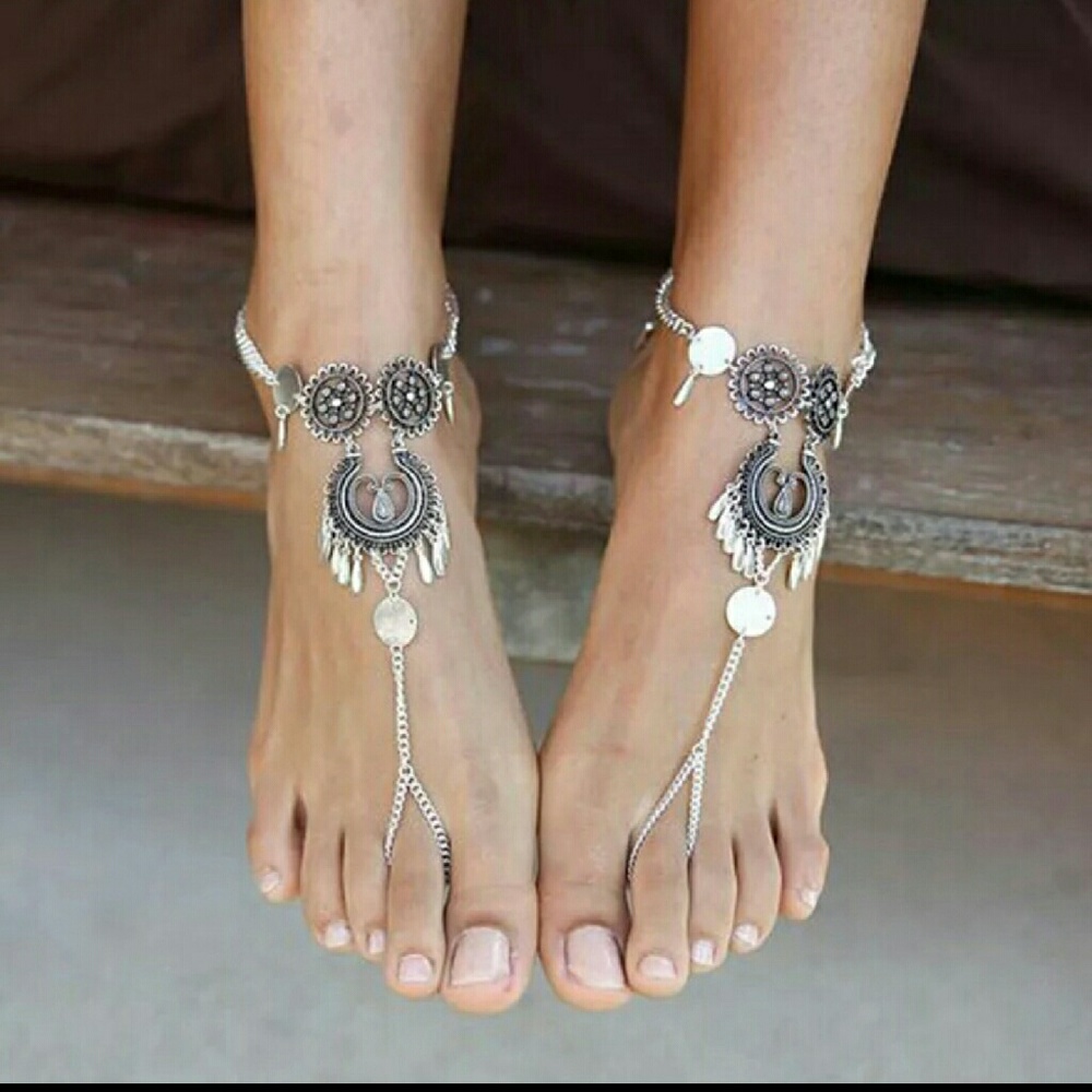 NWT Boho Foot Ankle Toe Chain Silver Oxidized OS